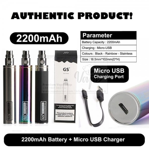 Authentic GS EGO 2 E Cig 2200mah Shisha cigarette Battery Micro USB Charger